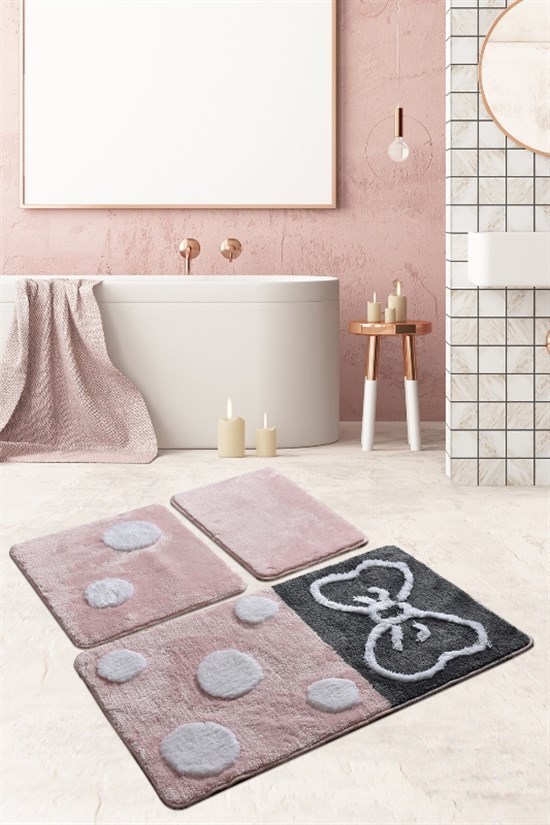 Mina Pembe 3 Lu Set Klozet Takımı, Banyo Paspas Seti Halısı-22430